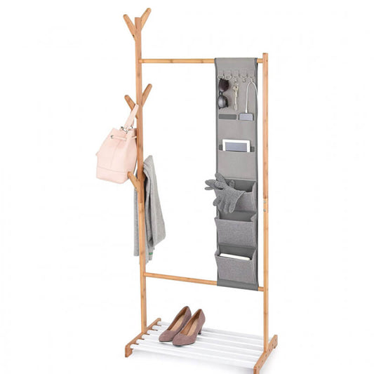 Stander coat hanger with shelf and multi-pocket in bamboo