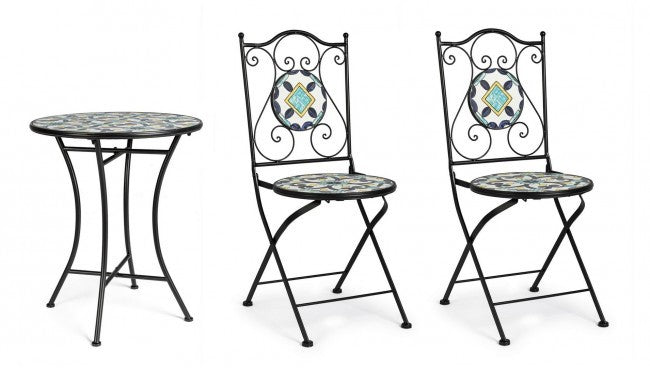 Set promocional mesa con sillas de hierro Positano 38x38x92h - ø60a x 75h