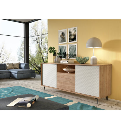 Sideboard with oak structure and white doors Dama Push opening 2 oak drawers with white doors DAMA