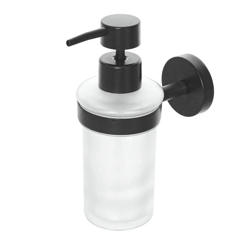 Dispensador De Jabón Líquido Para Baño Redondo Accesorio De Pared En Acero Negro Mate Y Vidrio Esmerilado Chic Black Series