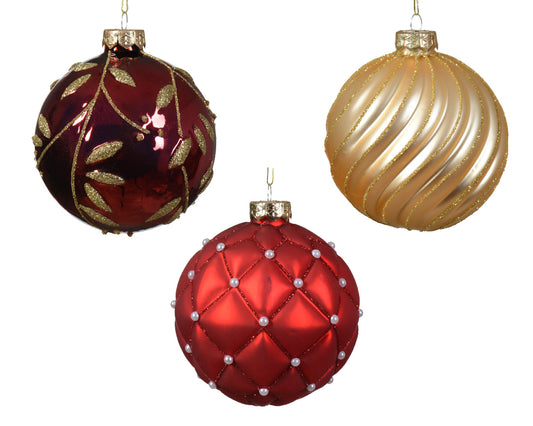 Red/Gold Glass Christmas Ball Ornament with Checkered Lines and Mixed Leaf Pattern ø 10cm