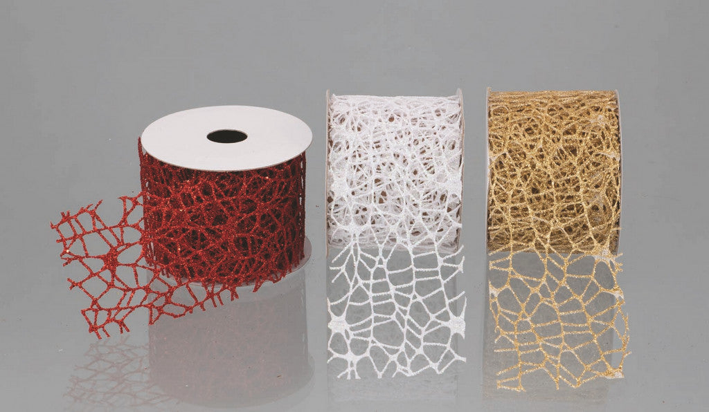 Available Roll of Mesh Ribbon 63x2.70m W/Glitter White/Gold/Red Ass Christmas decoration