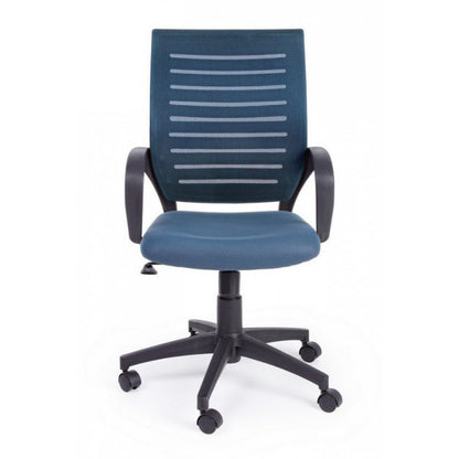 Blue office chair with wheels and armrests