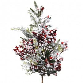 Decorative branch with red berries and pine cones ice effect 10x20x h70 cm