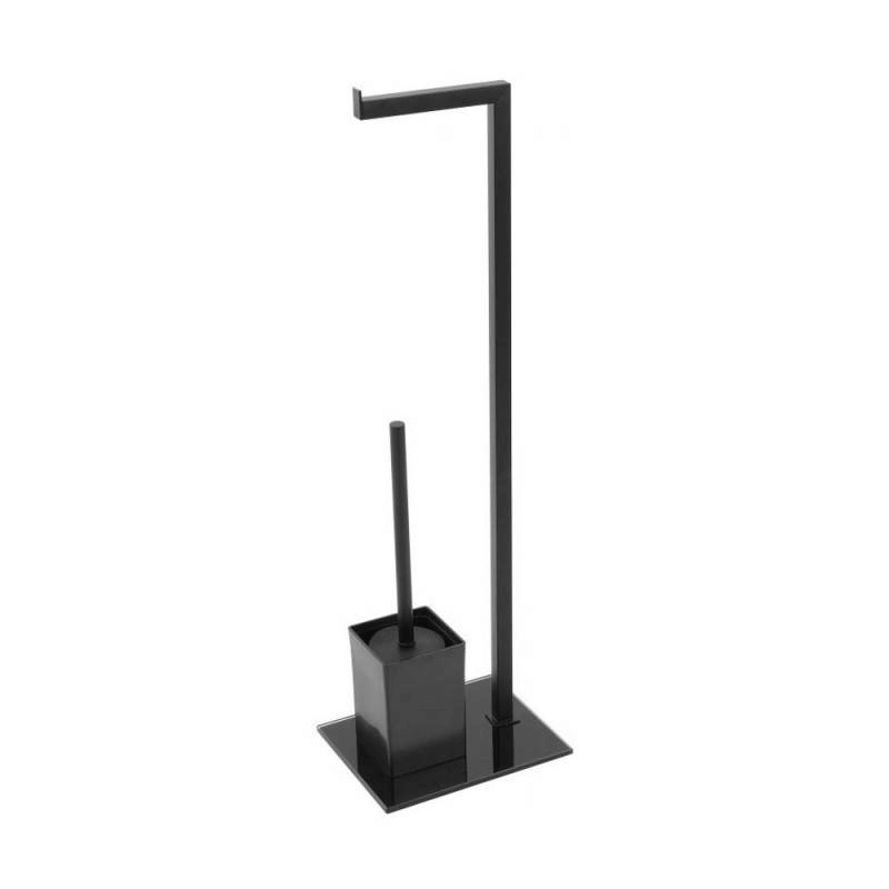 Floor Stand Toilet Brush And Roll Holder In Full Black Glass