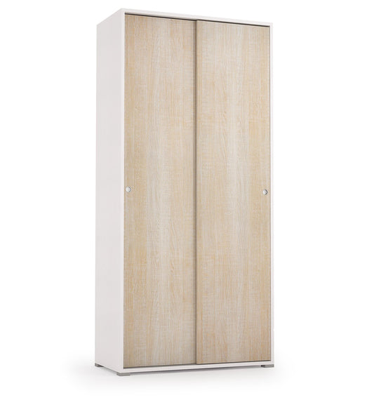 Cabinet with double sliding door and four adjustable shelves, white oak doors