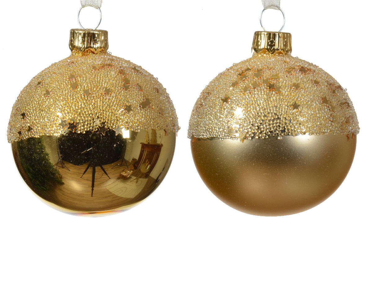 Weihnachtskugel aus mattem Glas in Form eines zweifarbigen Sterns mit goldener Spitze ø 6cm