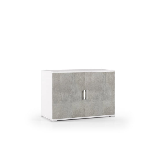 Cabinet with double door and a white shelf with concrete doors