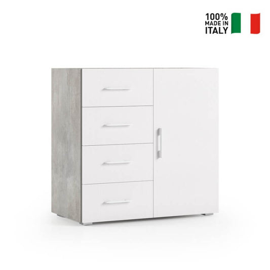 Cabinet with 4 drawers and door with metal guides. Cement container top with white doors