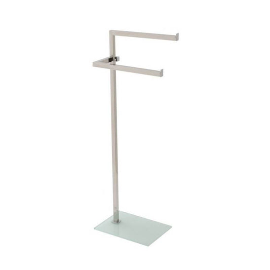 Chromed freestanding towel holder with white glass arms and base