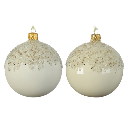 Milk white Christmas bauble decorated on the top with glitter Ø8 cm