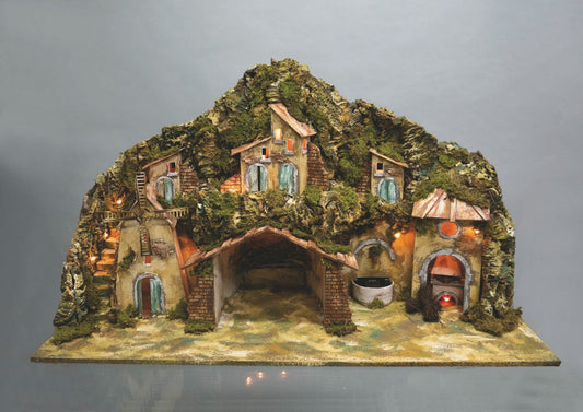 Landscape for Nativity Scene Cm.42X96X58H With Fountain, Mill, Fire, 10 Lights Christmas decoration