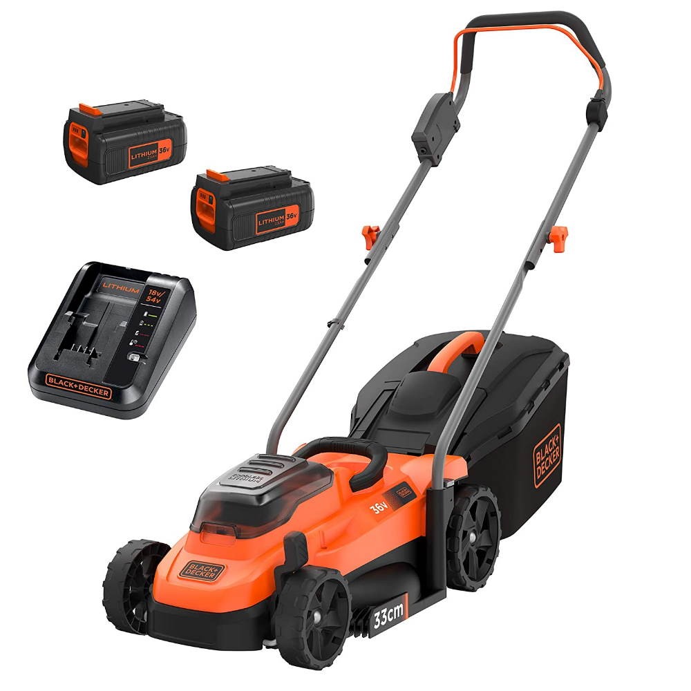 Black & Decker BCMW3318L2-QW cordless lawnmower with double 18V battery