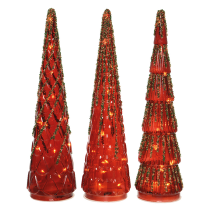 Mini glass trees H35 cm red with 15 Assorted LEDs