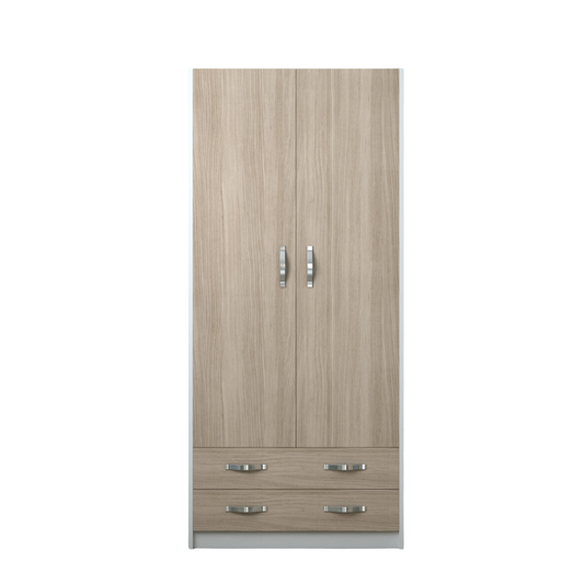 Two-Door Wardrobe with Drawers in Olmo Color, White Structure - 210x90x52cm