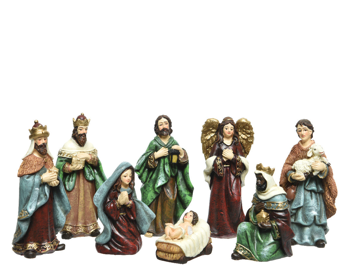 Nativity set in polyresin with 8 figures H 9 cm