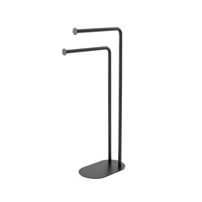 Towel stand with 2 arms and black finish.