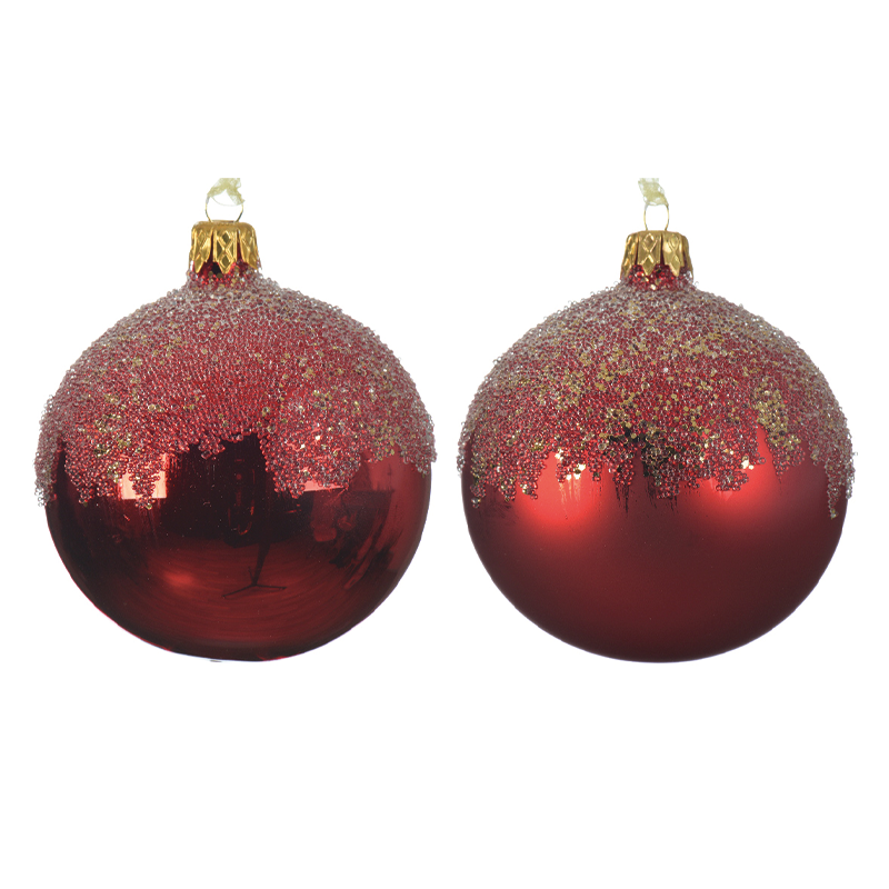 Red Christmas ball decorated on the top with glitter Ø8 cm