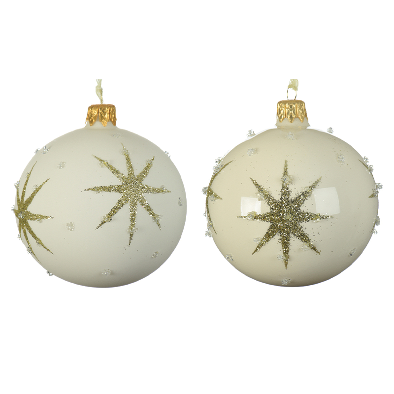 Assorted cream white Christmas ball with embossed star Ø 8 cm