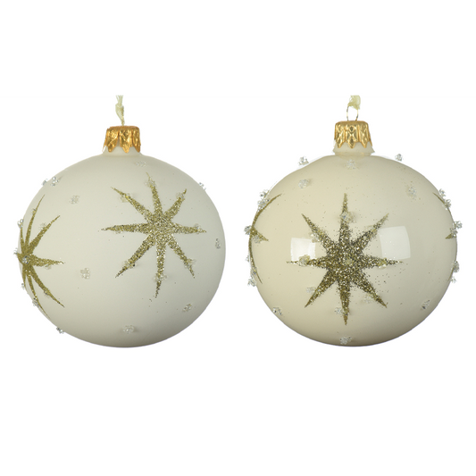 Assorted cream white Christmas ball with embossed star Ø 8 cm