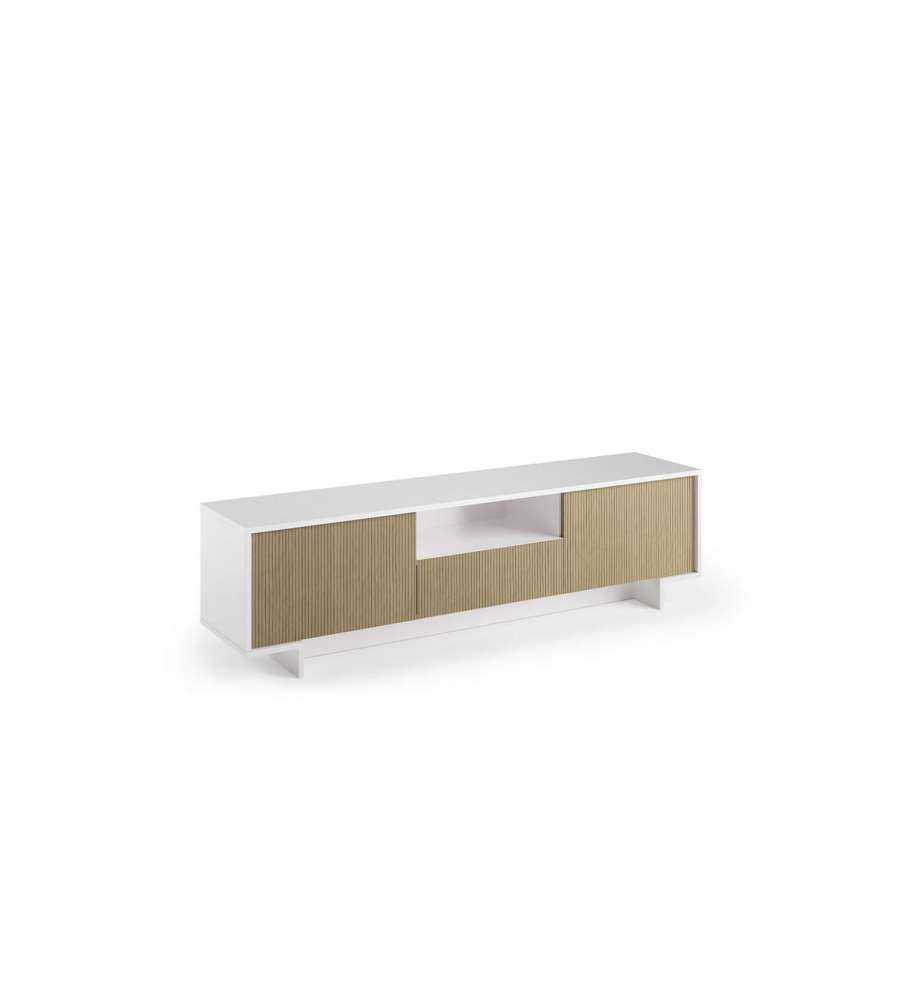 TV stand with 2 doors and central drawer in light ribbed white