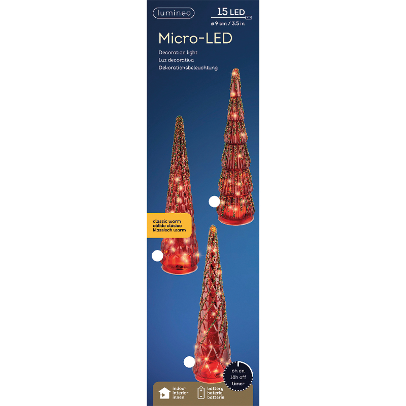 Mini glass trees H35 cm red with 15 Assorted LEDs