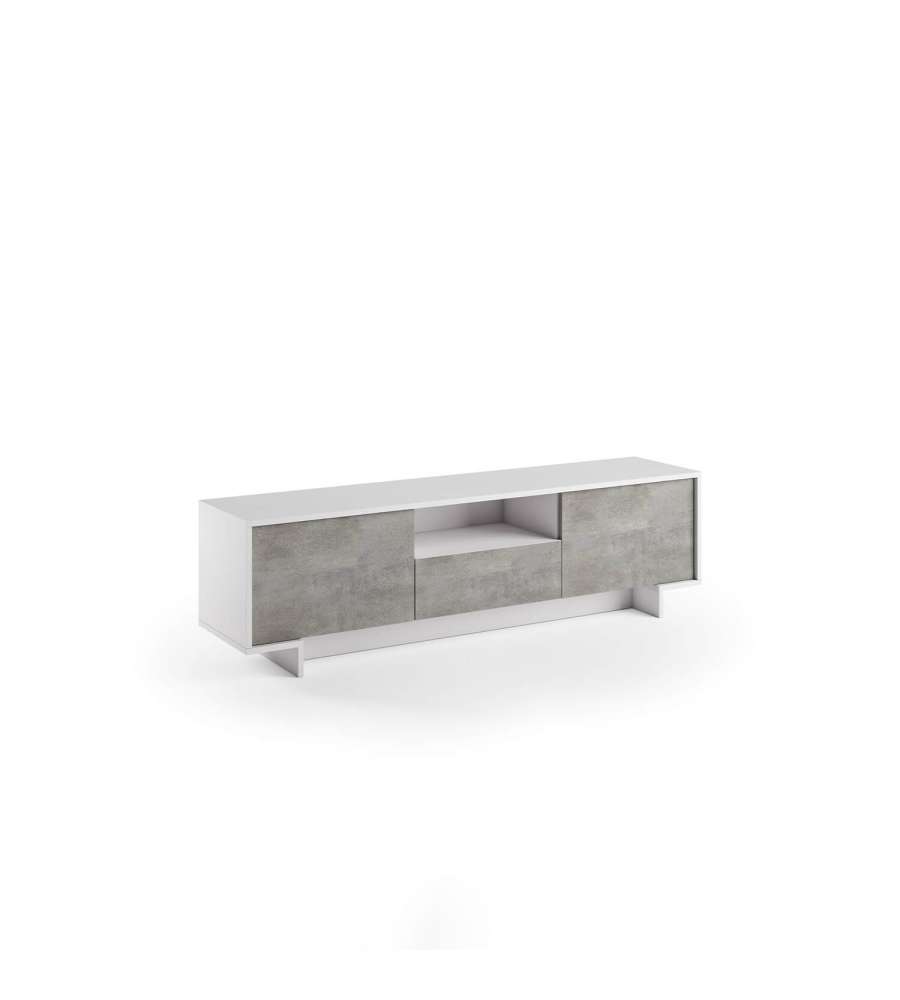 Mueble TV con 2 puertas y cajón central en blanco cemento