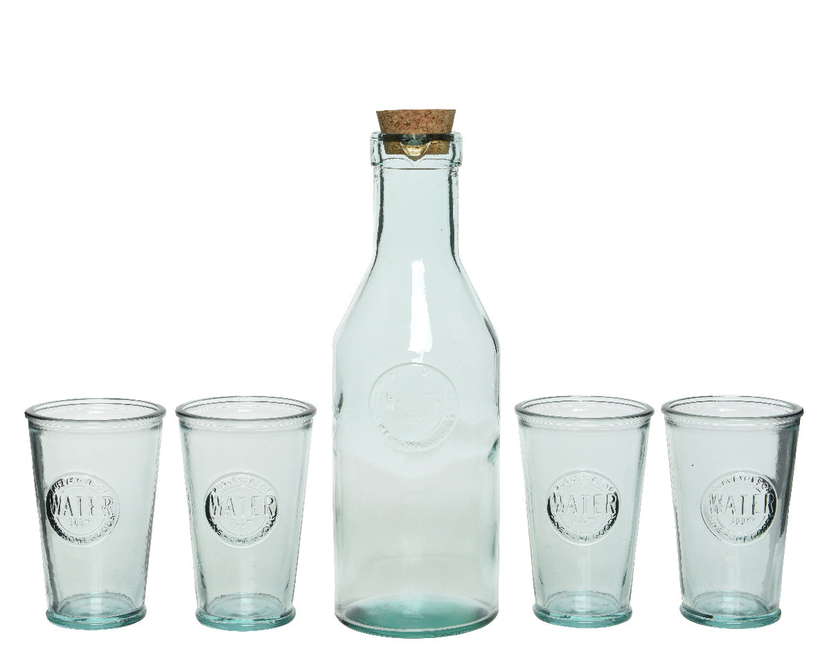 Set aus 5 Wasserkaraffe mit Korkdeckel und 4 klaren Gläsern aus recyceltem Glas