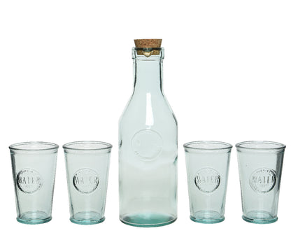 Set aus 5 Wasserkaraffe mit Korkdeckel und 4 klaren Gläsern aus recyceltem Glas