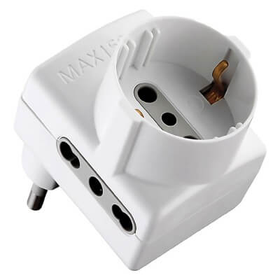 'Space-saving' Triple Adapter Socket: 2X2P +T 16A Bypass Schuko. 1X2P+T Schuko