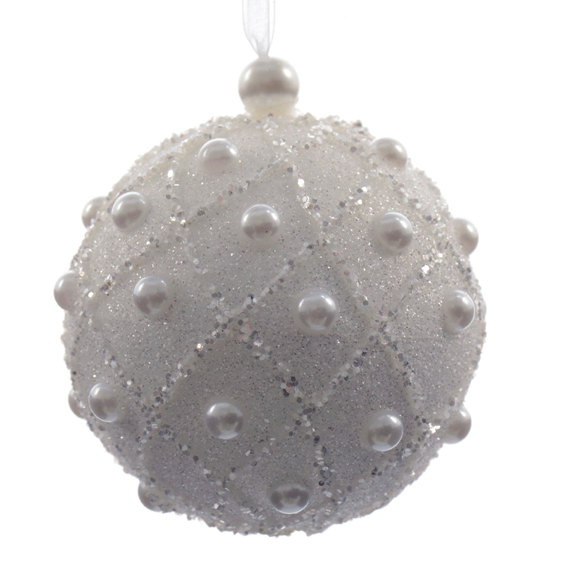 White Christmas ball with beads Ø8 cm