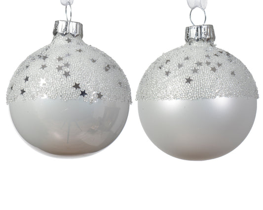 Matte Enamel Glass Christmas Ball Ornament with Star Topper - Winter White Assorted Colors - 6cm Diameter