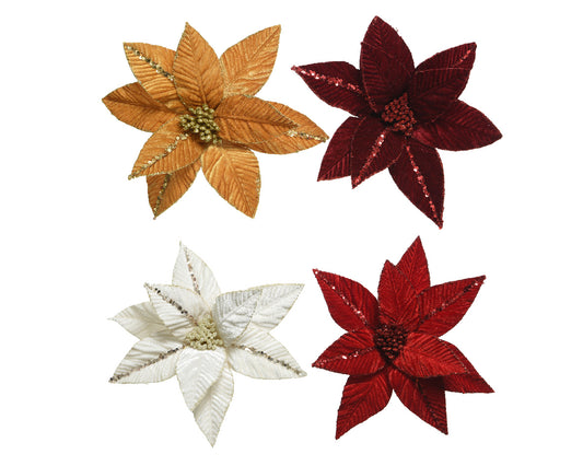 Poinsettia en clip de poliéster con lazos de terciopelo en 4 colores surtidos 5 x 32 cm