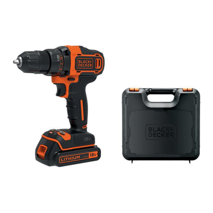 Black + Decker 18 V lithium battery drill driver with case