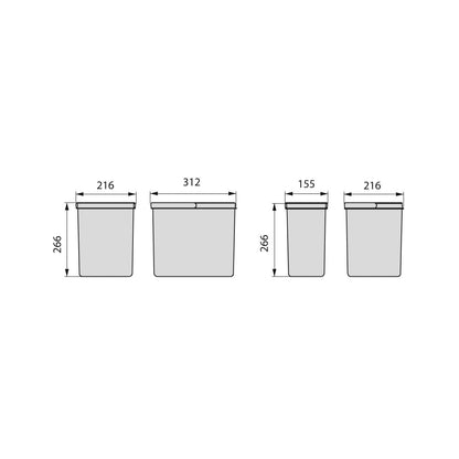 Differentiated waste bin with 4 containers, height 26.6 cm.