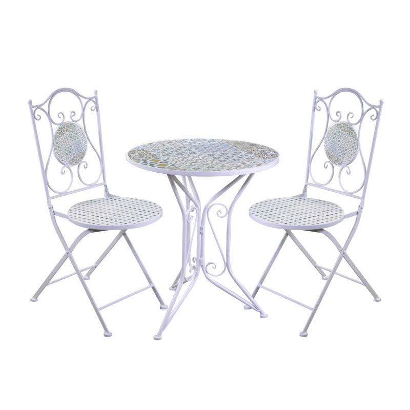 Wrought iron table with mosaic and chairs