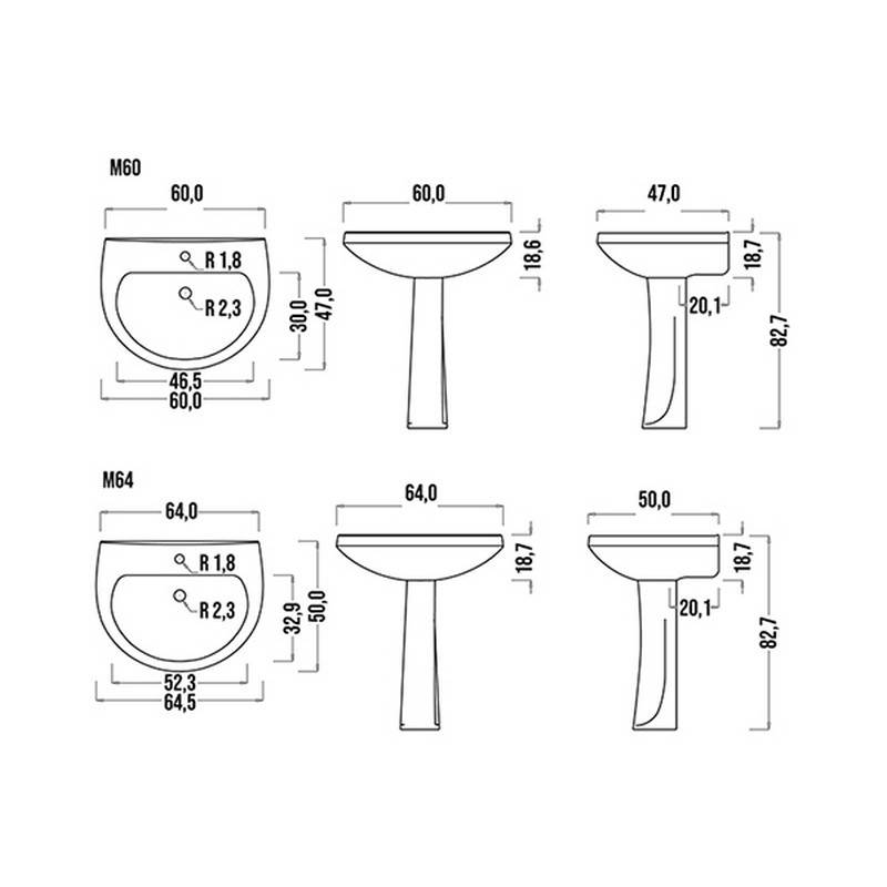 "Felce" wall-hung ceramic washbasin, 60 cm wide.