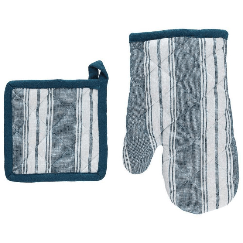 Set Oven Glove And Pot Holder Teal Blue Cotton