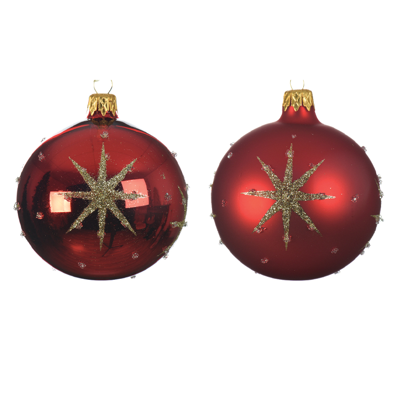 Assorted red Christmas ball with embossed star Ø 8 cm