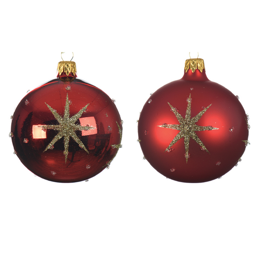 Assorted red Christmas ball with embossed star Ø 8 cm