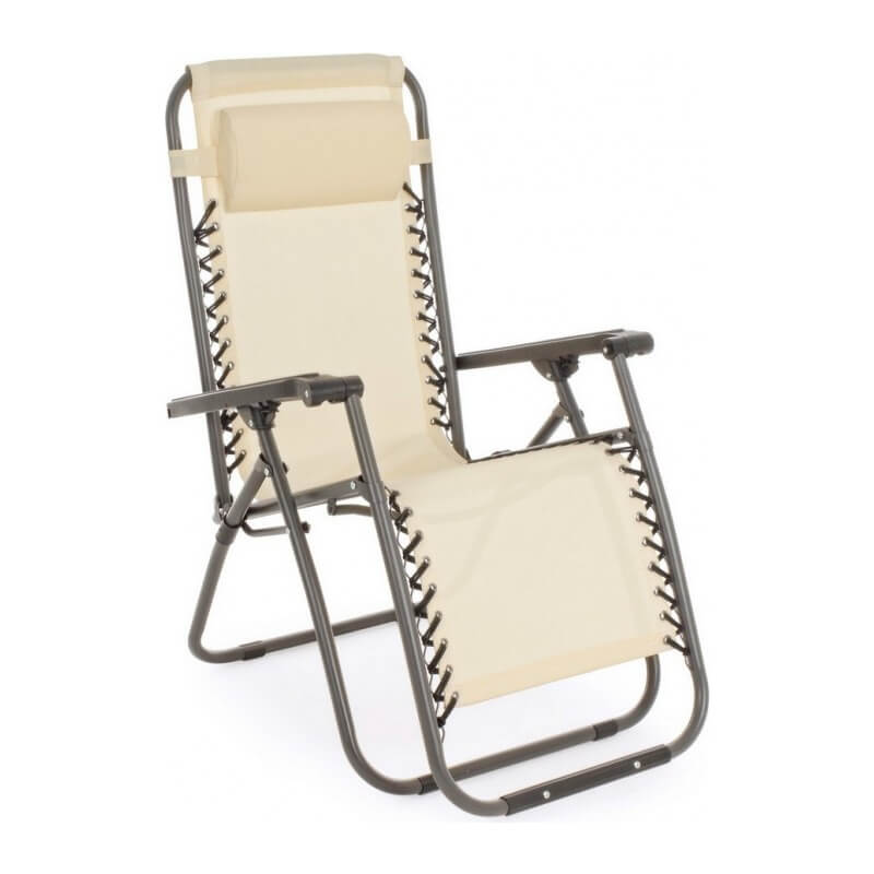 Silla de Playa Beige Plegable y Reclinable en Metal - 65x176x80 cm