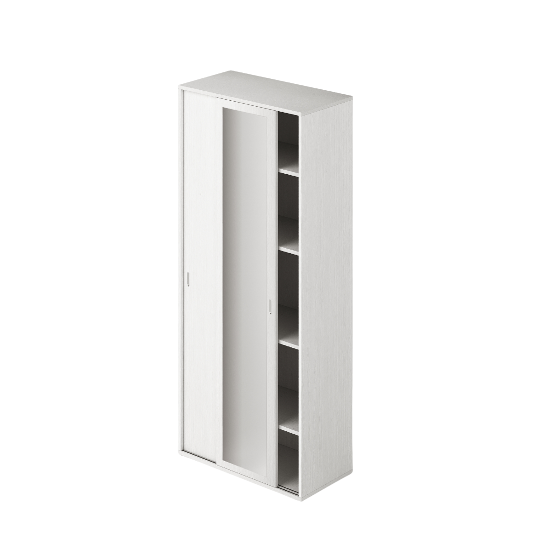 White Wardrobe with Sliding Mirror Doors and Shelves H212x90x43cm