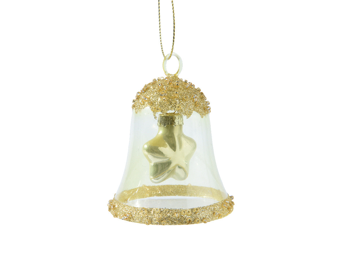 Transparent Glass Bell with Gold Glitter and Beads 6.2 x 6.2 x 7.5 cm