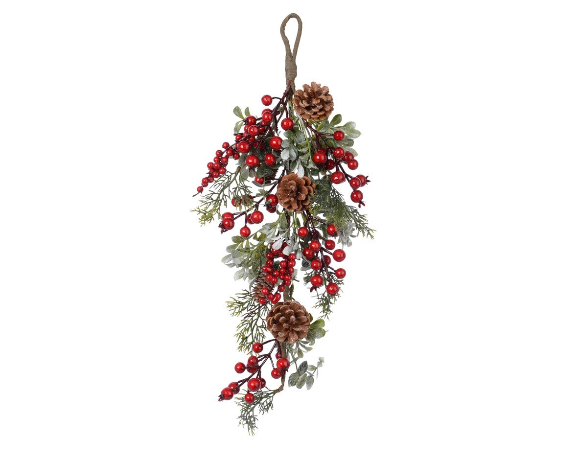 Branch decorated with berries and pine cones measures 10x25x45cm