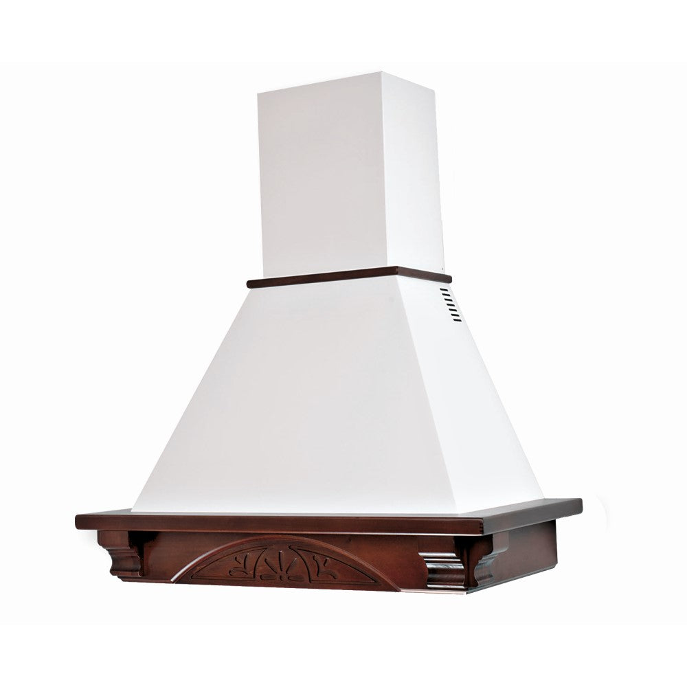 Campana de cocina rústica DOLCE VITA blanca con estructura de madera con incrustaciones color tabaco 90 cm