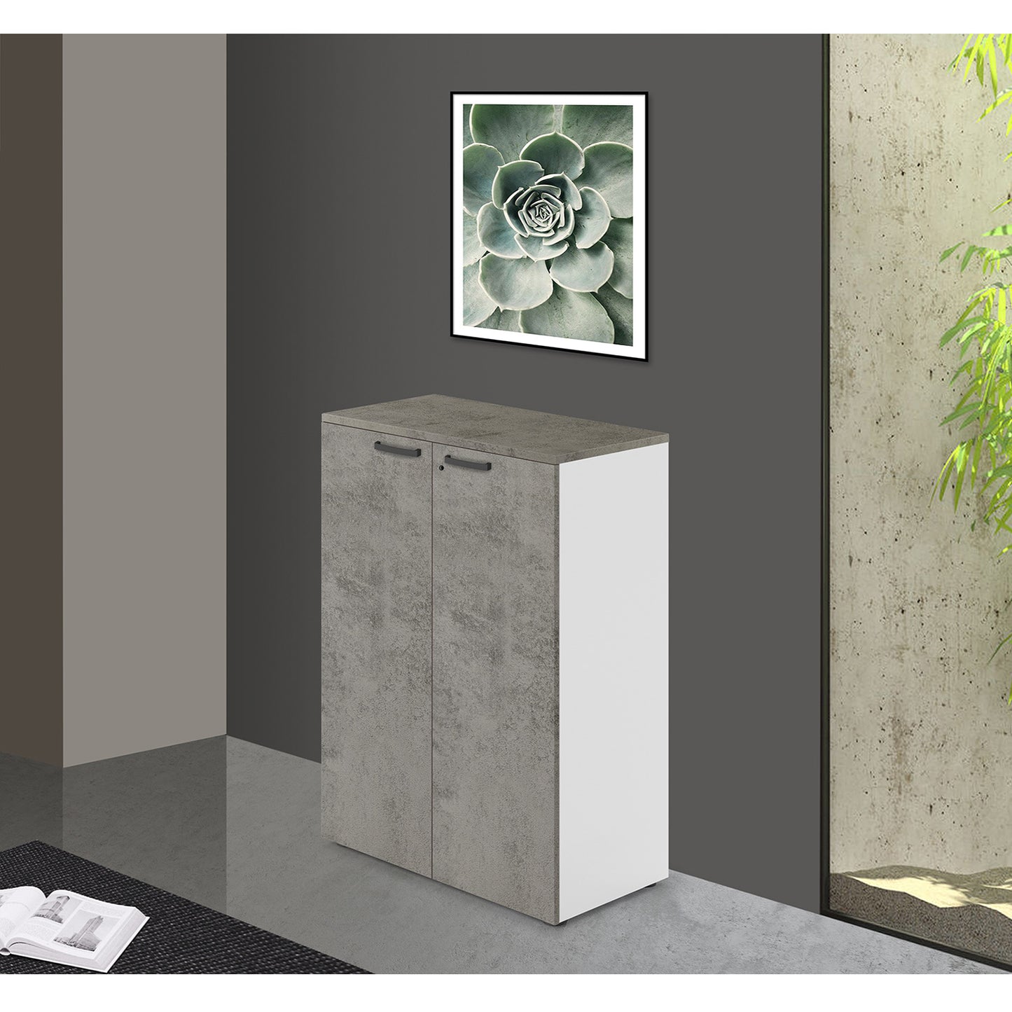 Office Mobile with Two Shelves, Lockable Doors, Cement Color, 129x90x45cm