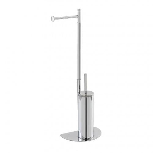 Space-saving freestanding brush holder and toilet roll in chromed steel, dimensions L26xH76xP16cm.