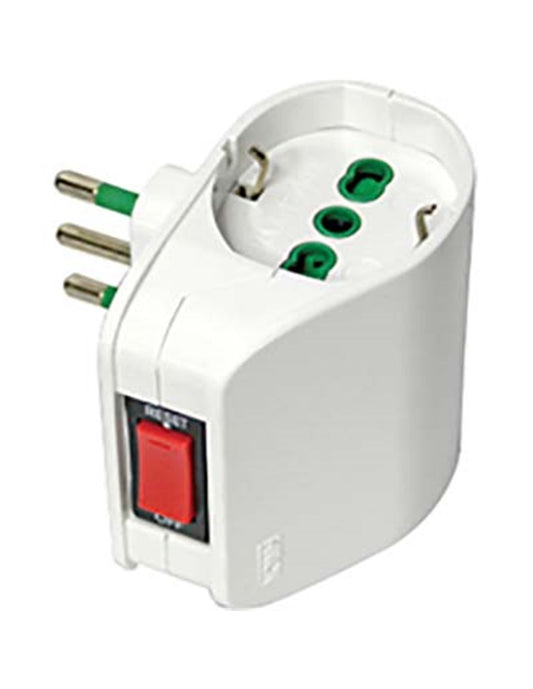 Adaptador doble Schuko FME blanco con interruptor térmico y toma 2P+T 10A