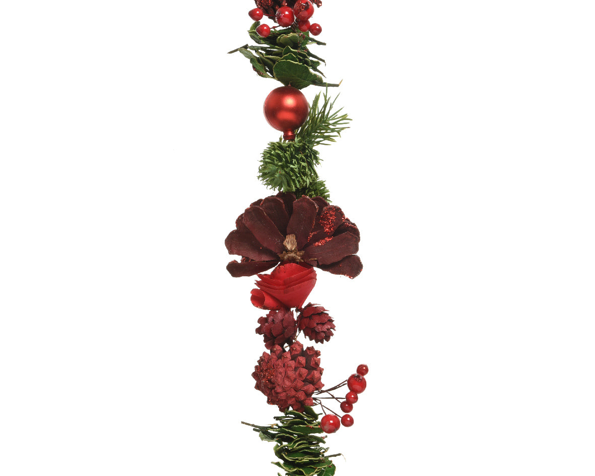 Christmas Garland with Foam Berries, Plastic Balls, Wooden Flowers, and Glitter - 140 cm