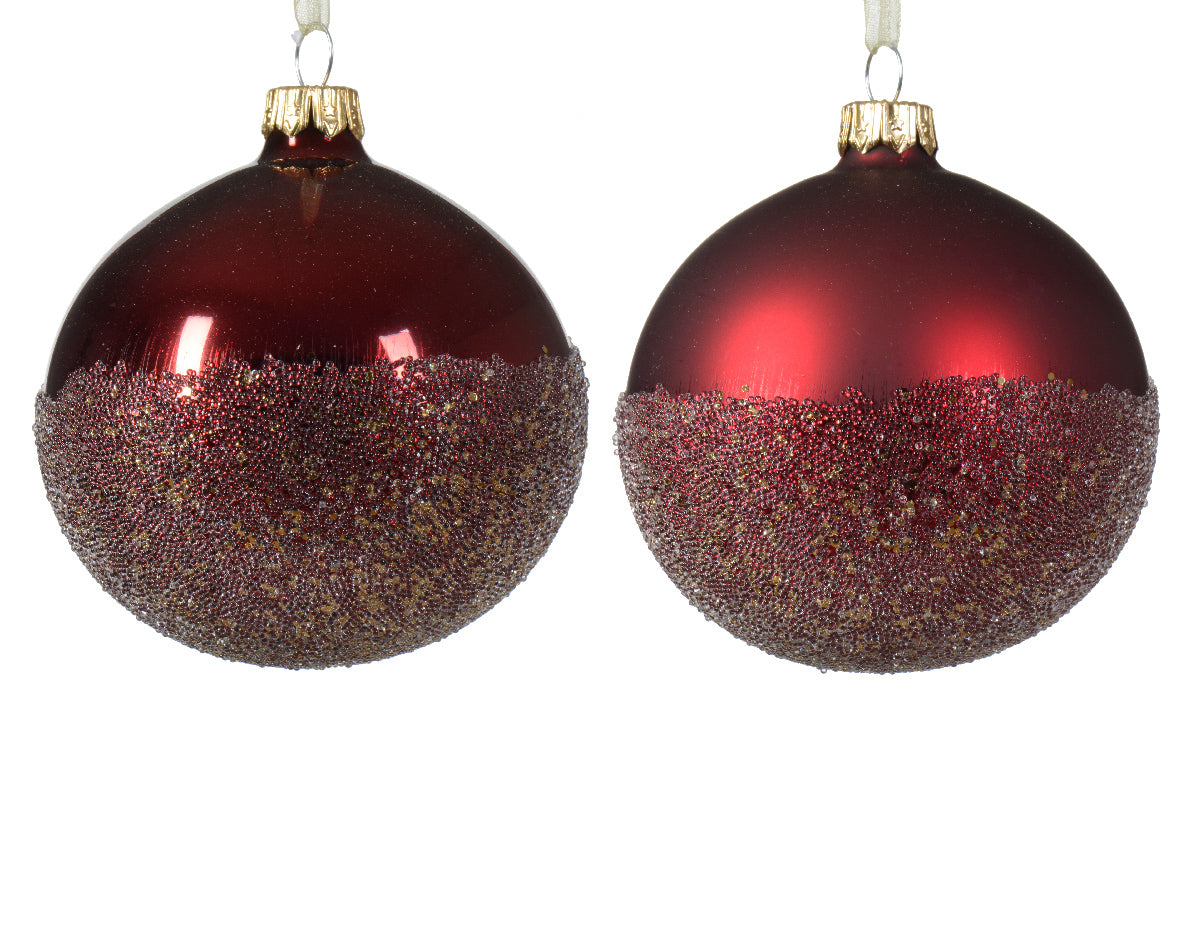 Christmas Glass Ball Ornament - Matte-Finish Dark Red with 2-Color Axis Design - 8cm Diameter